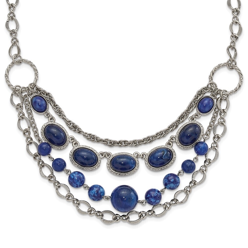 1928 Textured Link Blue Glass Beads Graduated Four Row 16" Necklace w 3" ext.